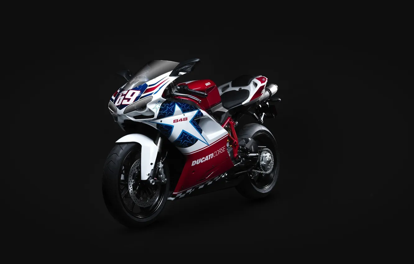 Фото обои мотоцикл, Ducati, чёрный фон, супербайк, superbike, дукати, 848, Nicky Hayden Edition