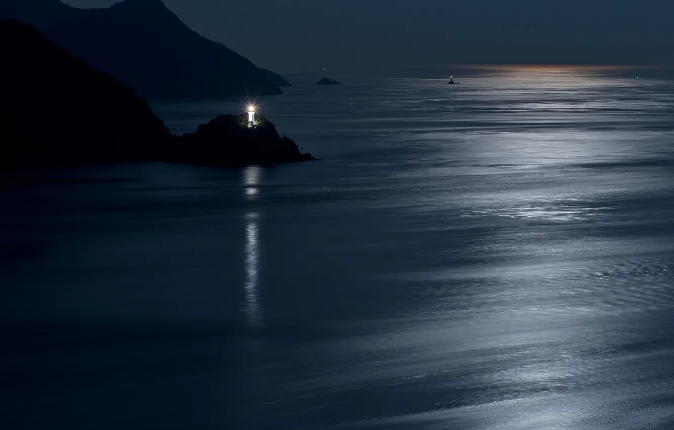 Фото обои море, ночь, скалы, маяки