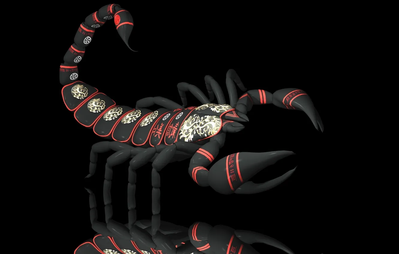 Фото обои иероглифы, скорпион, черно-красный цвет