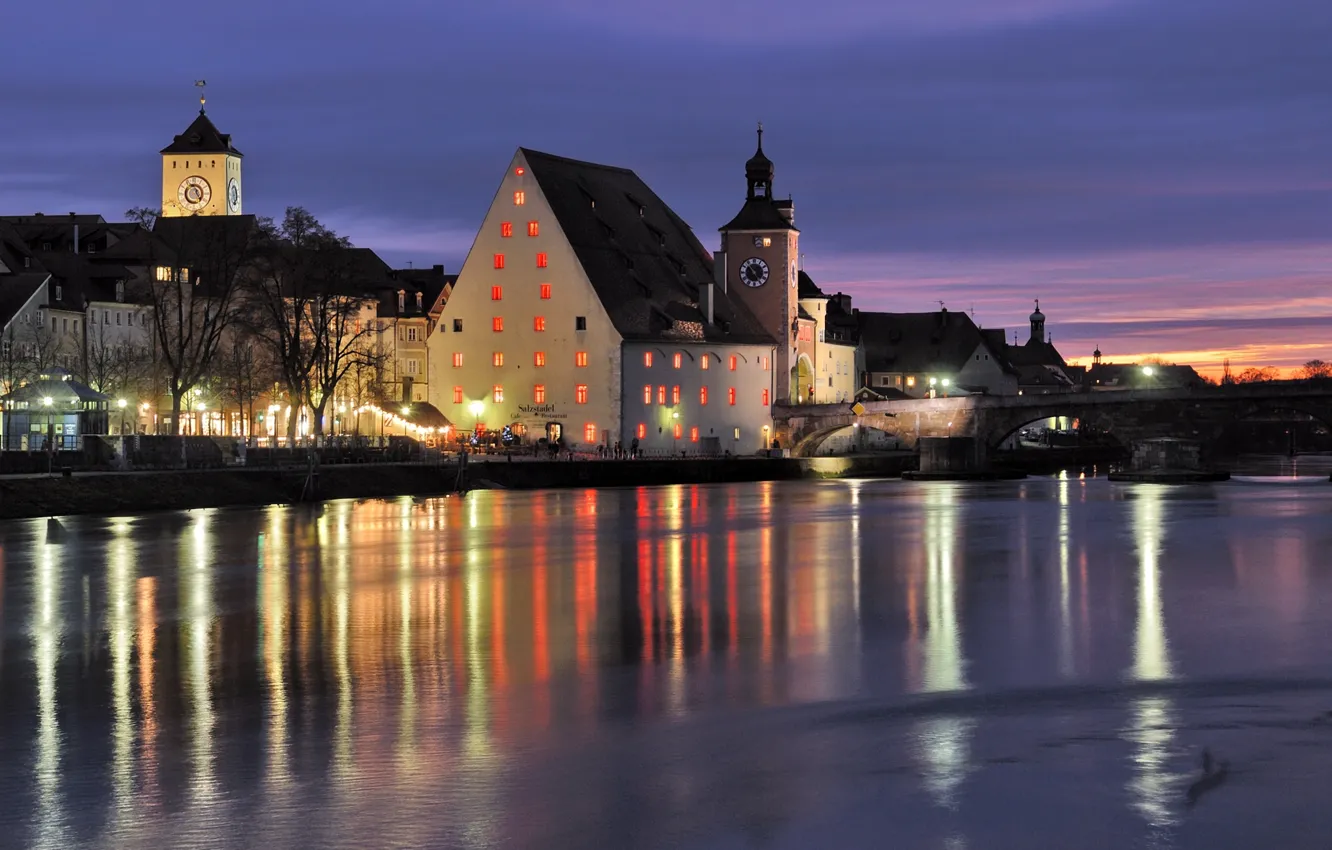 Фото обои ночь, мост, city, река, часы, Германия, Бавария, ресторан