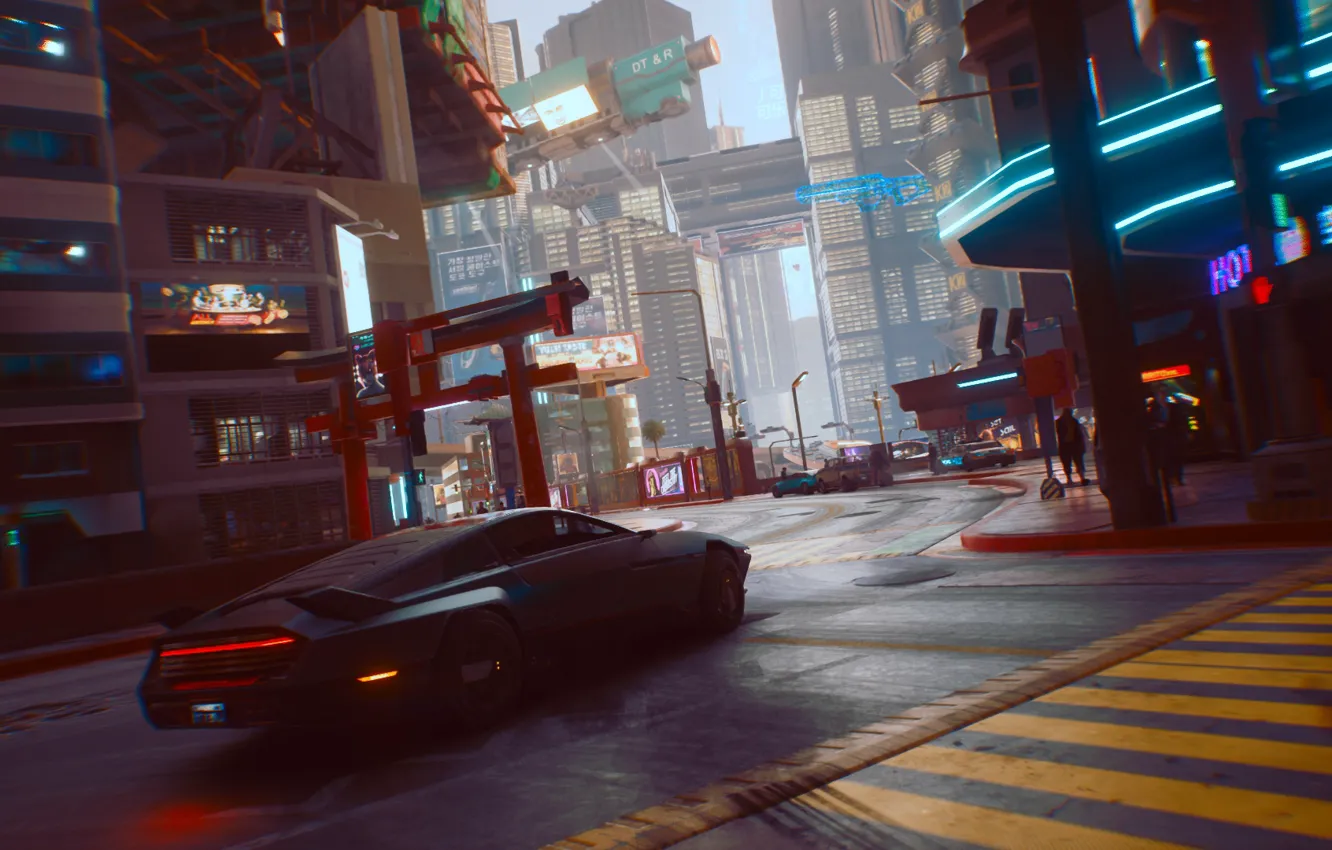 Фото обои дорога, машина, город, огни, окна, реклама, киберпанк, cyberpunk 2077