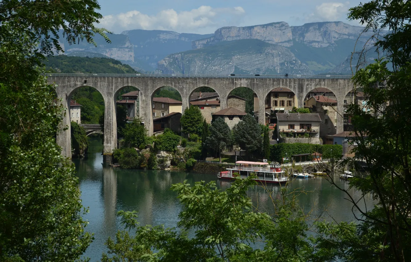 Фото обои Франция, Дома, Мост, Озеро, Панорама, Крыши, Bridge, France
