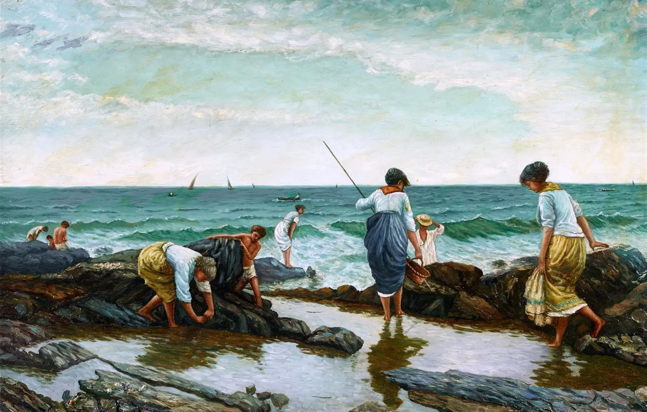 Фото обои Вода, Люди, Картина, Побережье, Peder Mork Monsted, Датский живописец, Педер Морк Монстед, На морском пляже