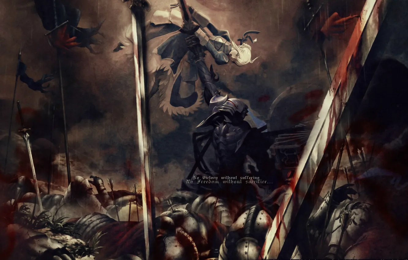 Фото обои оружие, кровь, доспехи, флаги, сражение, поле боя, Saber, Fate Zero