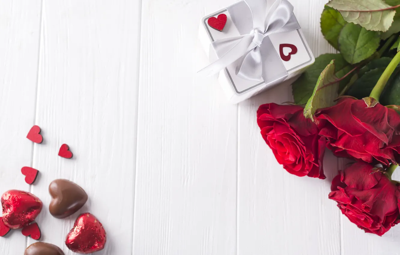 Фото обои цветы, подарок, розы, букет, сердечки, красные, red, love
