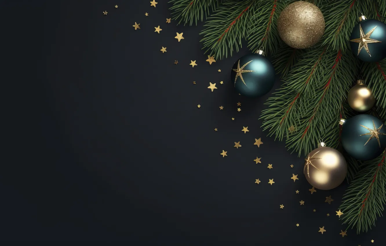 Фото обои украшения, темный фон, шары, Новый Год, Рождество, golden, new year, happy