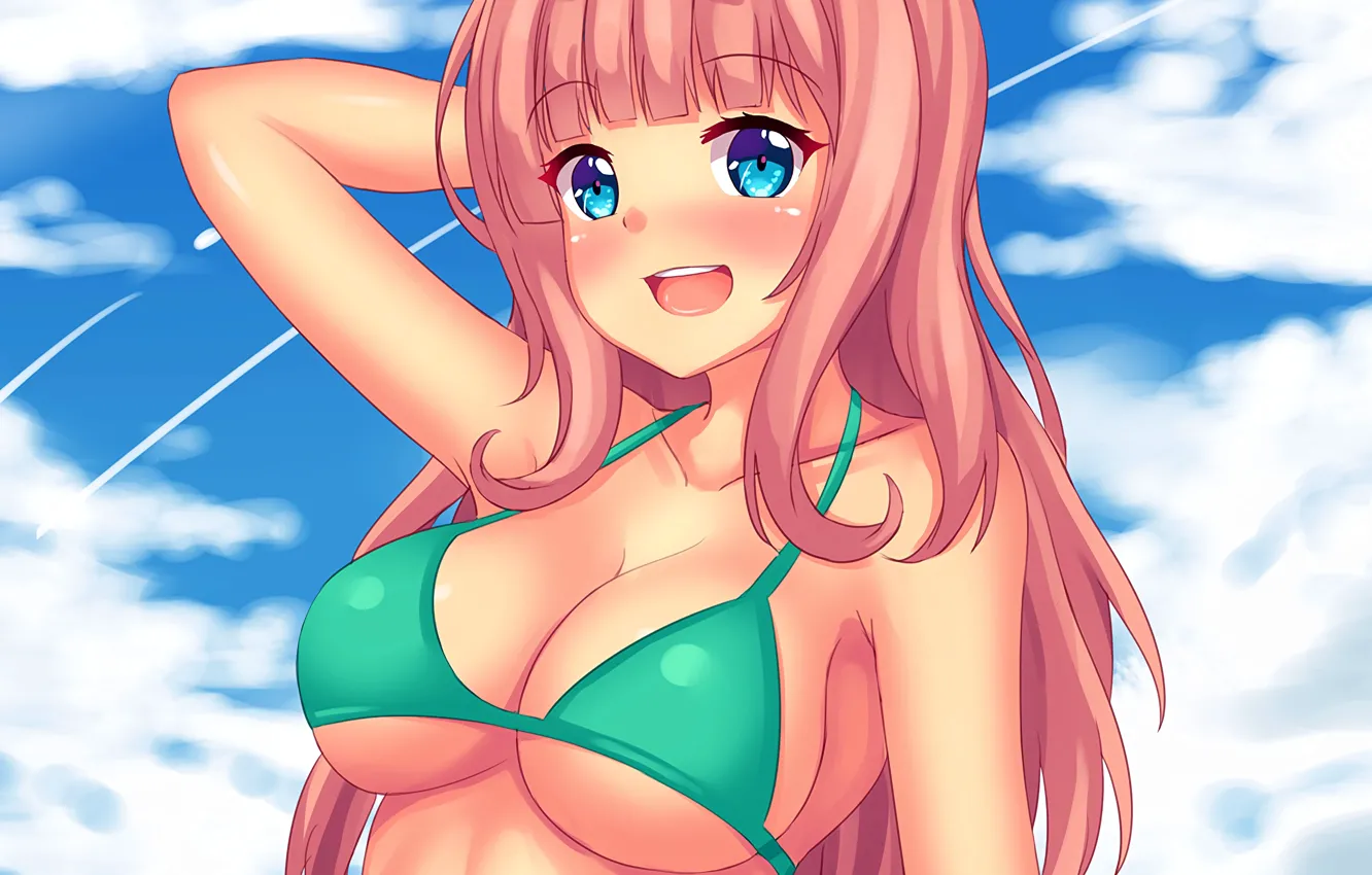 Фото обои girl, sexy, cleavage, long hair, boobs, anime, blue eyes, beautiful