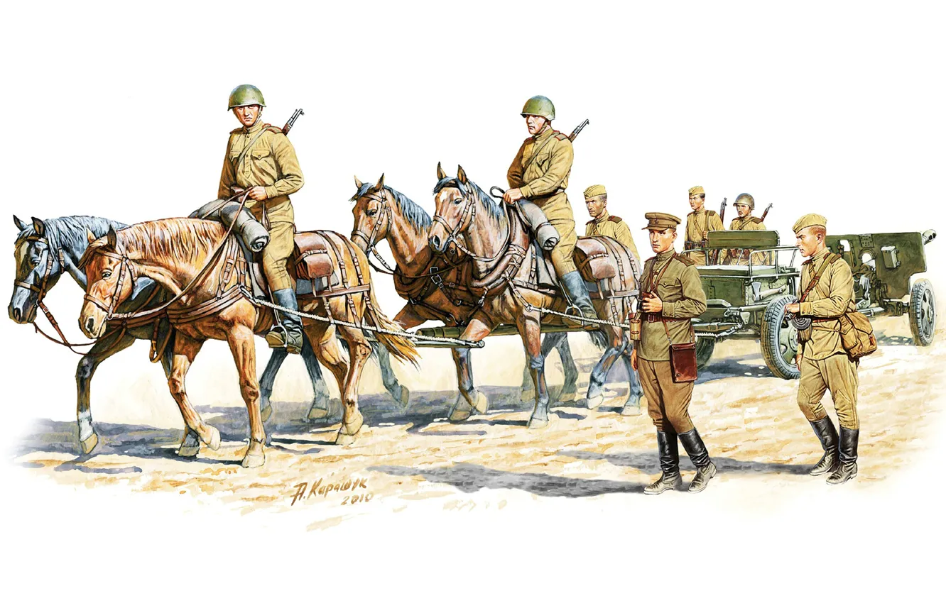 Фото обои арт, художник, солдаты, пушка, СССР, ВОВ, артиллерия, пехота