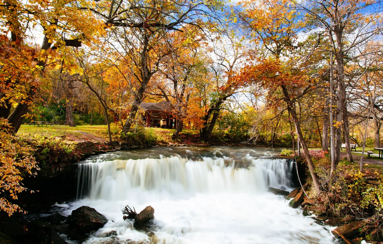 Фото обои United States, river, bridge, autumn, leaves, waterfall, autumn colors, Minnesota