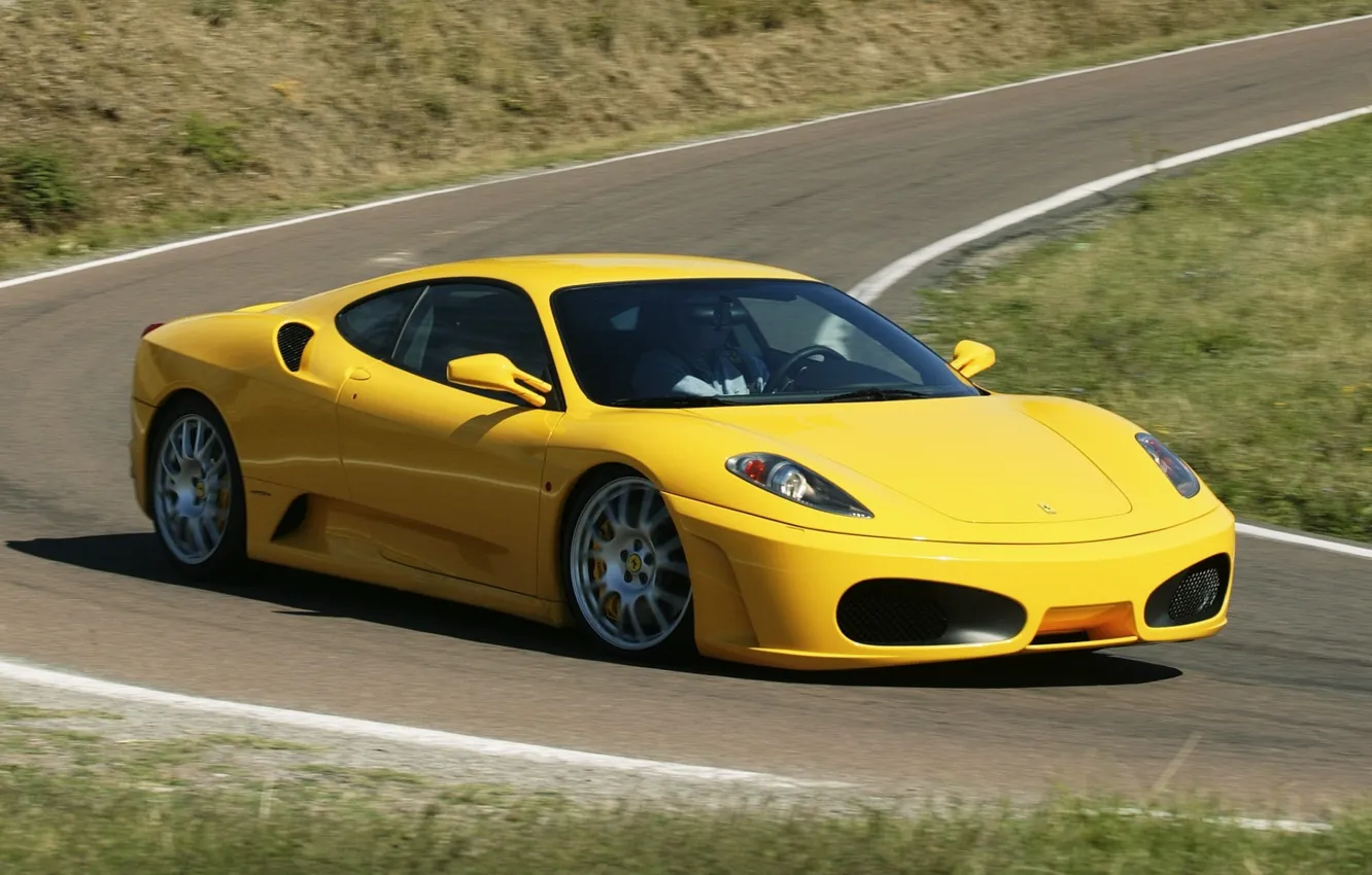 Фото обои дорога, желтый, поворот, Феррари, F430, Ferrari, суперкар, передок