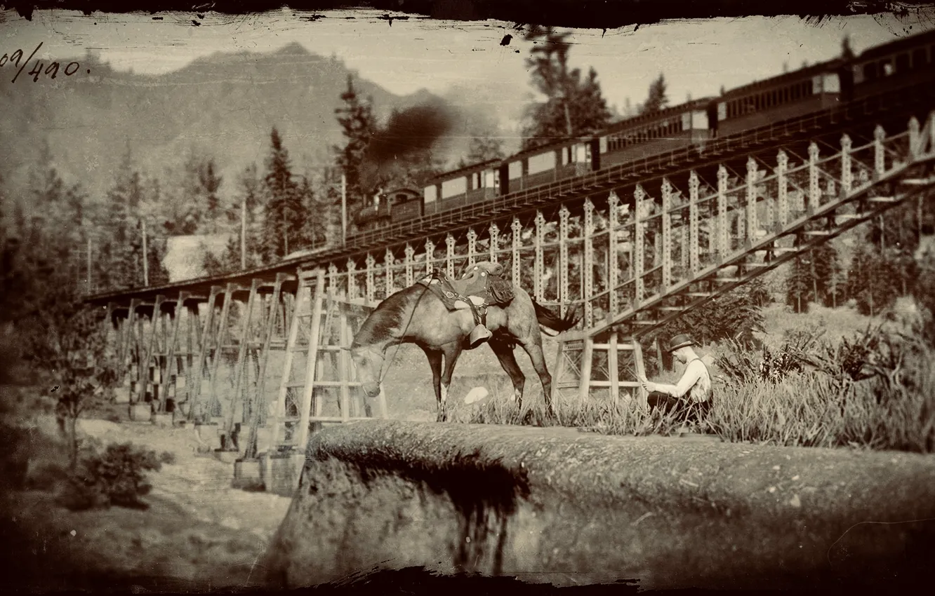 Фото обои HDR, Wood, Bridge, Mountain, Train, Game, Man, Trees