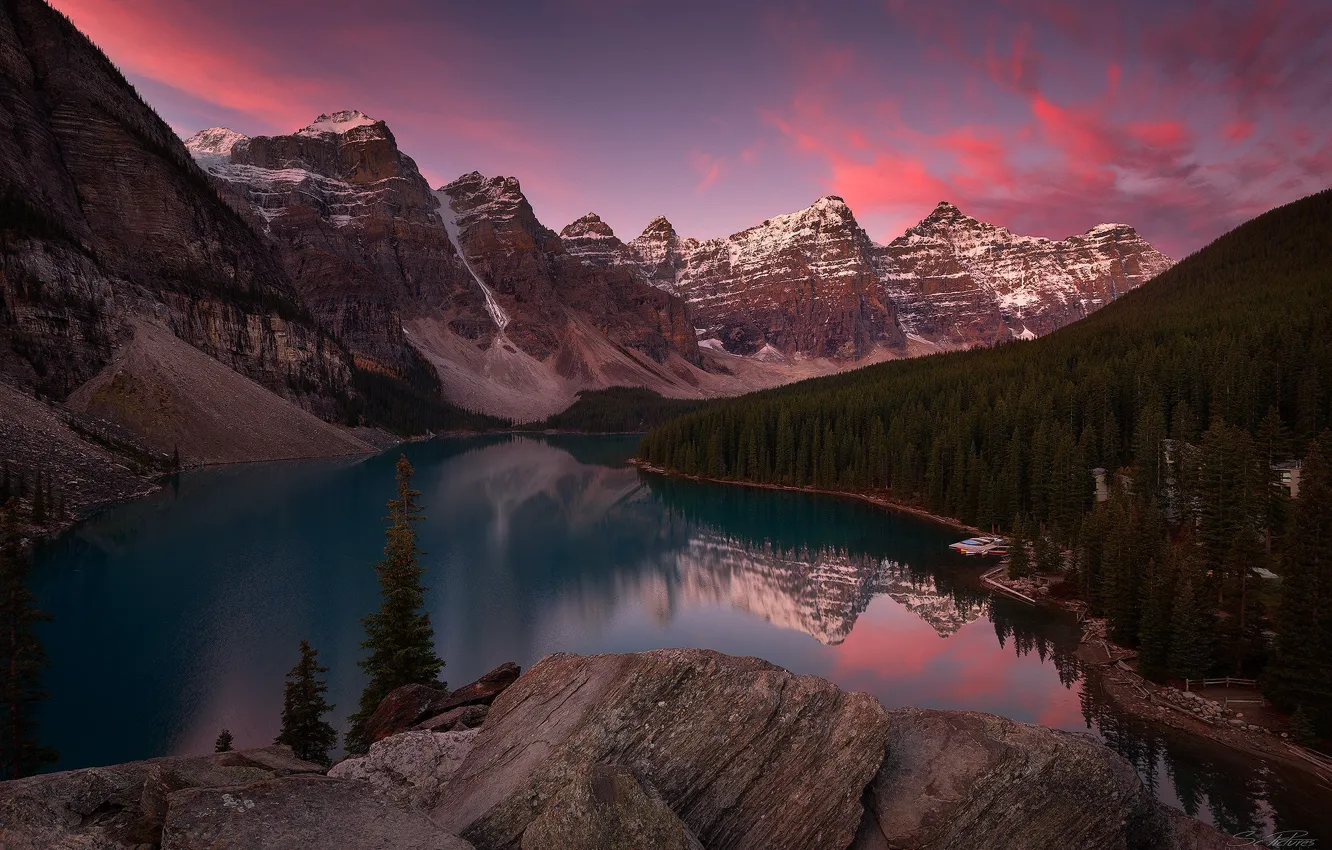 Фото обои небо, горы, озеро, скалы, Канада, леса