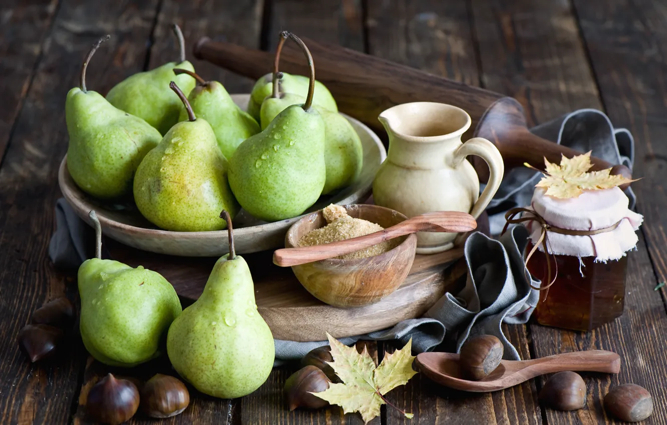 Фото обои осень, листья, мед, фрукты, натюрморт, груши, баночка, каштаны