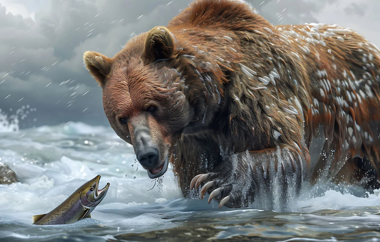 Фото обои Вода, Взгляд, Рыба, Медведь, Морда, Хищник, Когти, Цифровое искусство