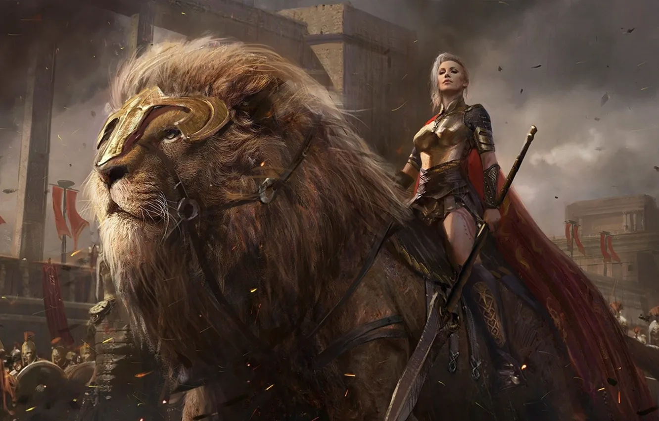 Фото обои lion, power, army, ken, men, weapons, shield, swords