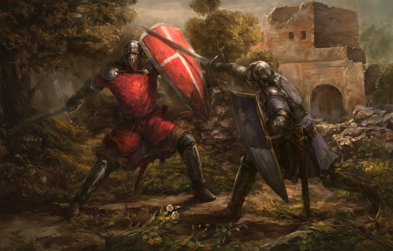 Фото обои меч, доспехи, руины, сражение, щит, воины, средневековье, рыцари
