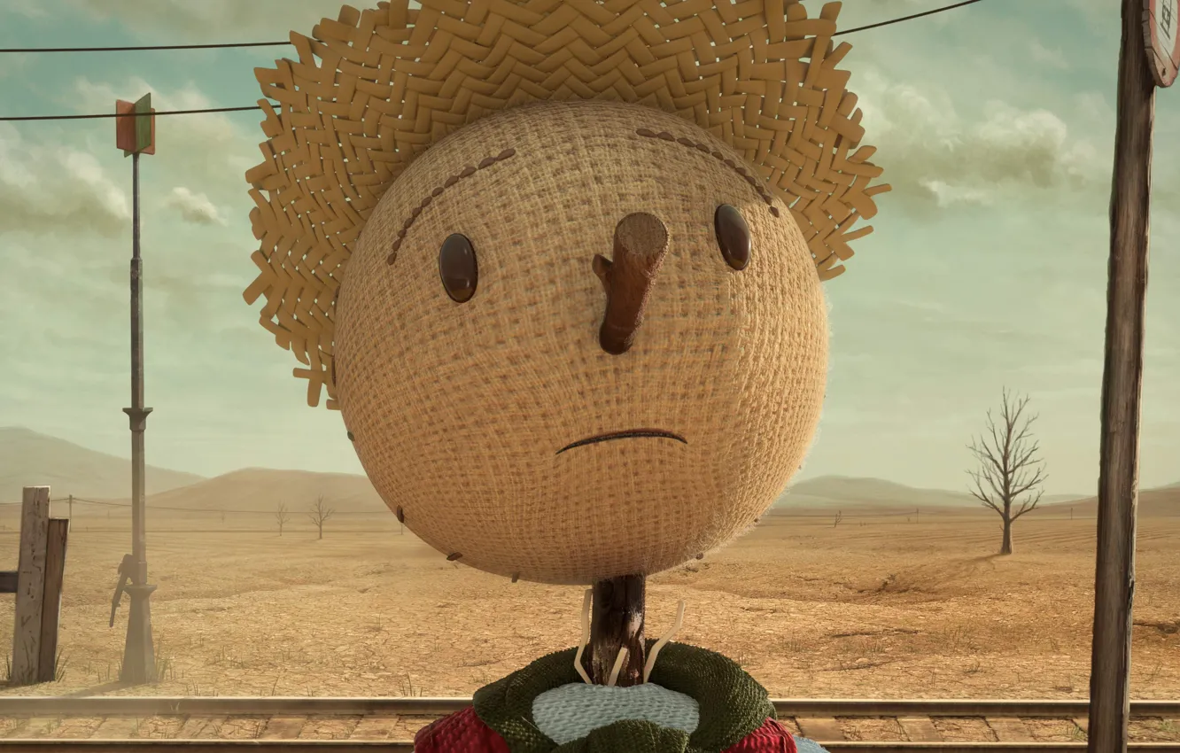 Фото обои лицо, провода, шляпа, железная дорога, пугало, сучок, the scarecrow