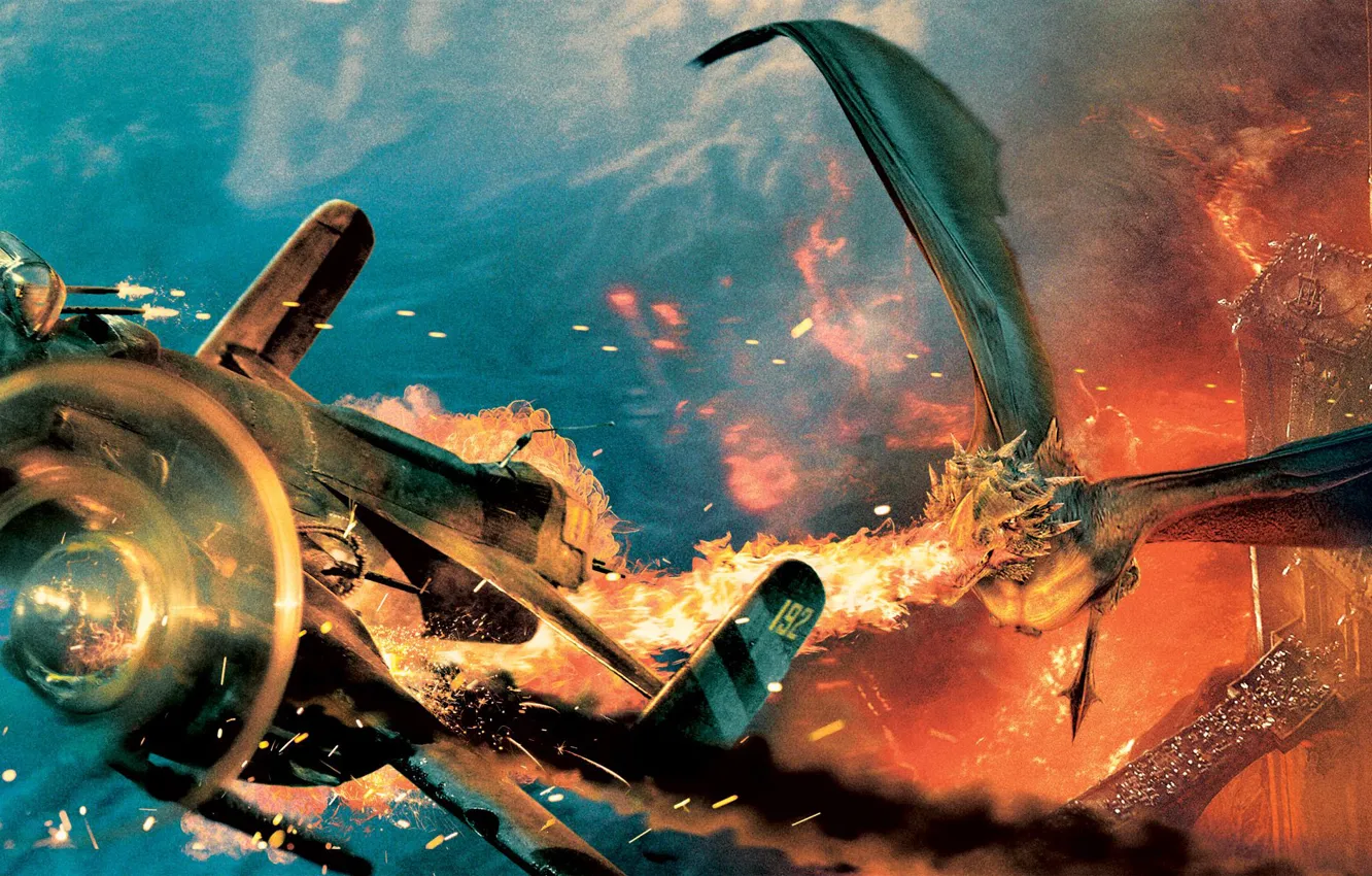Фото обои полет, самолет, замок, огонь, пламя, дракон, фэнтези, битва