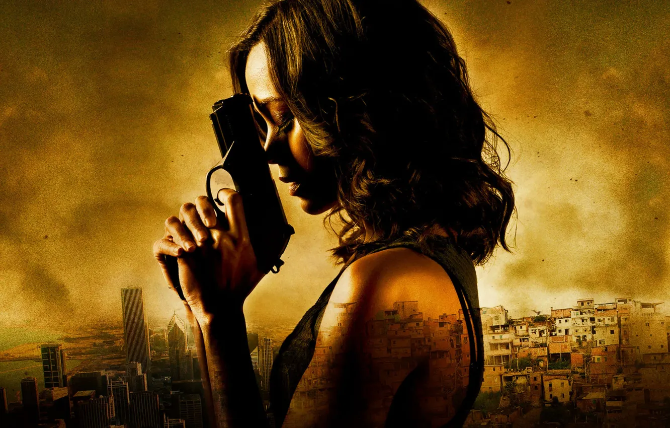 Фото обои Девушка, Пистолет, Зои Салдана, Zoe Saldana, Коломбиана, Colombiana, Каталея Рестрепо, Cataleya Restrepo