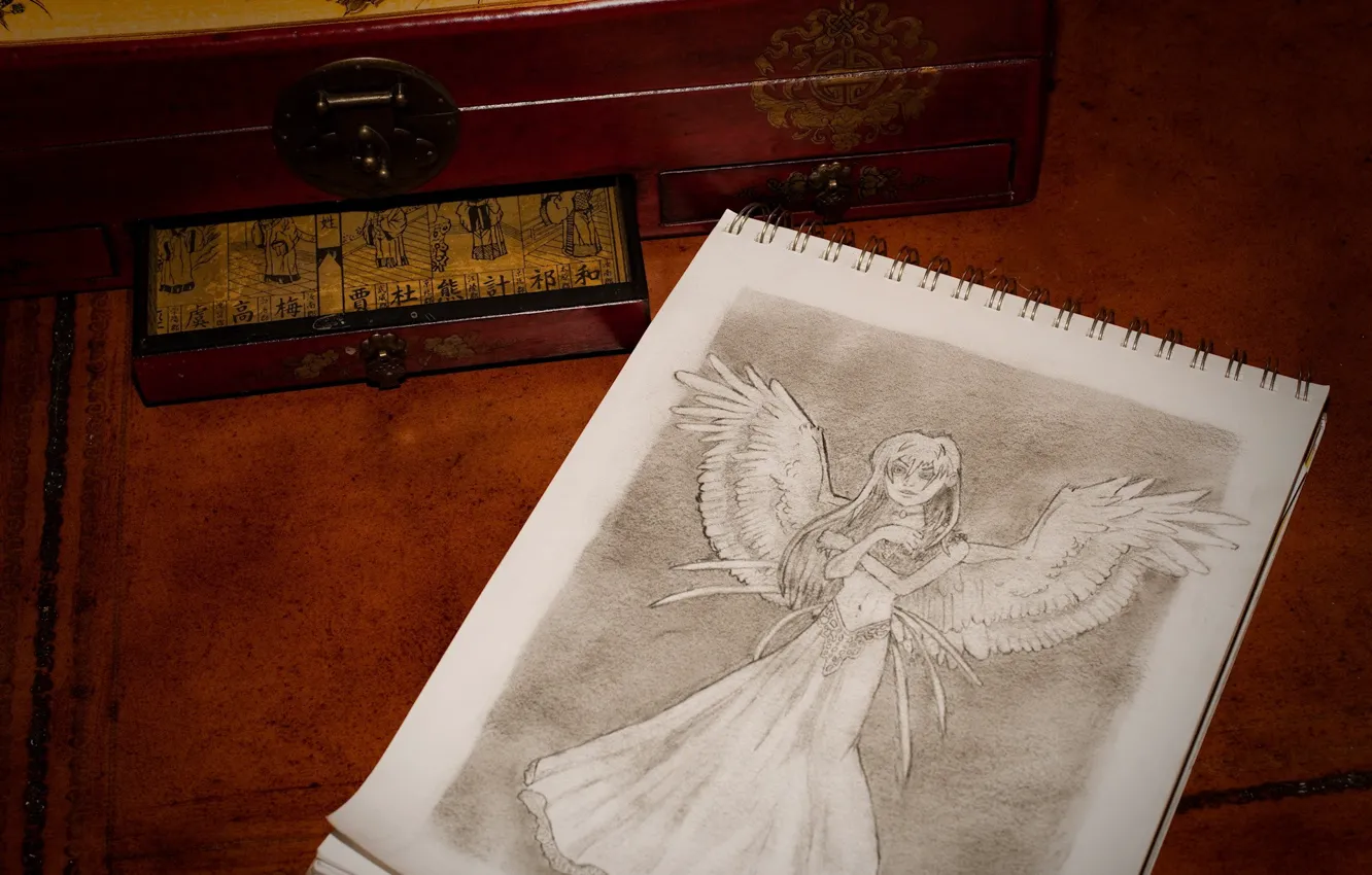 Фото обои рисунок, крылья, ангел, 156, блокнот, шкатулка