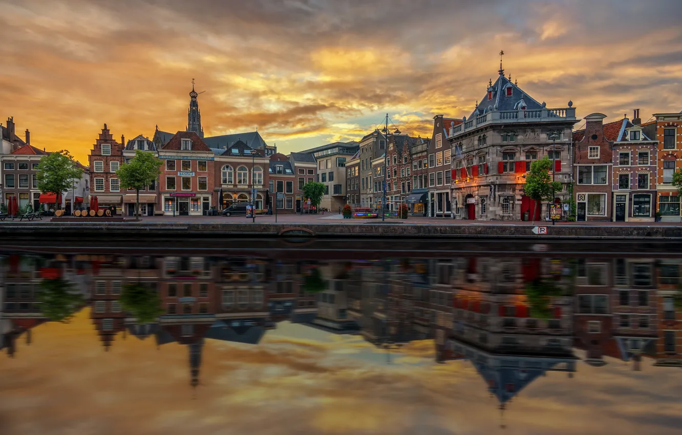 Фото обои закат, дома, Амстердам, Нидерланды, набережная, Голландия