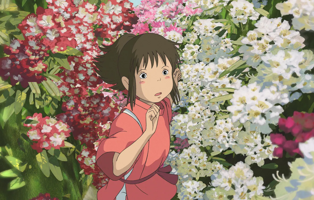 Фото обои цветы, аниме, девочка, spirited away, унесенные призраками, хаяо миядзаки, тихиро