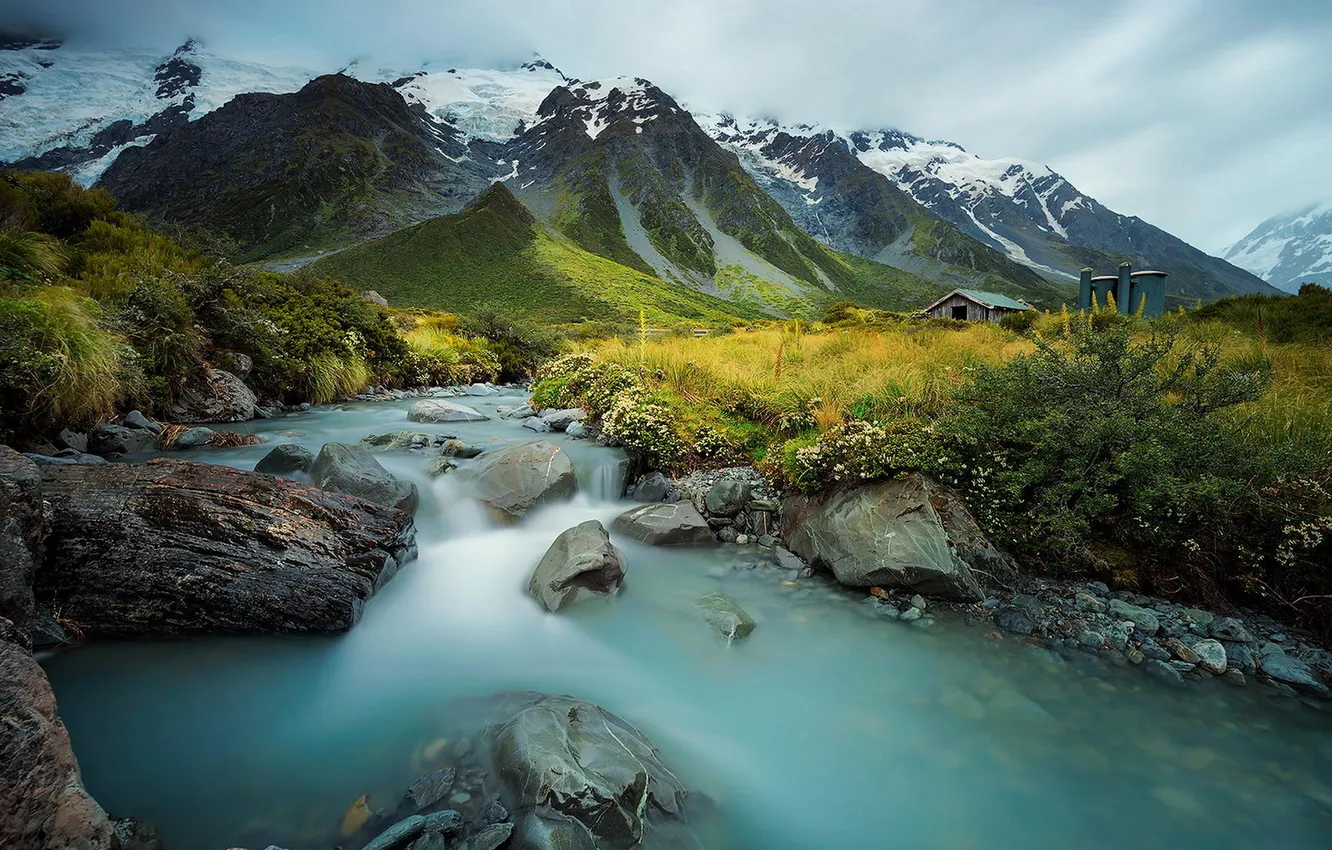 Фото обои горы, домик, New Zealand, South island