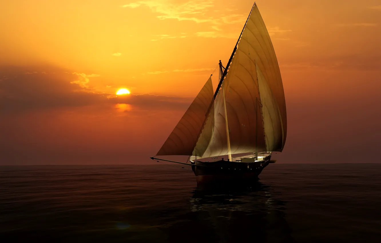 Фото обои море, небо, солнце, закат, яхта, горизонт, парус