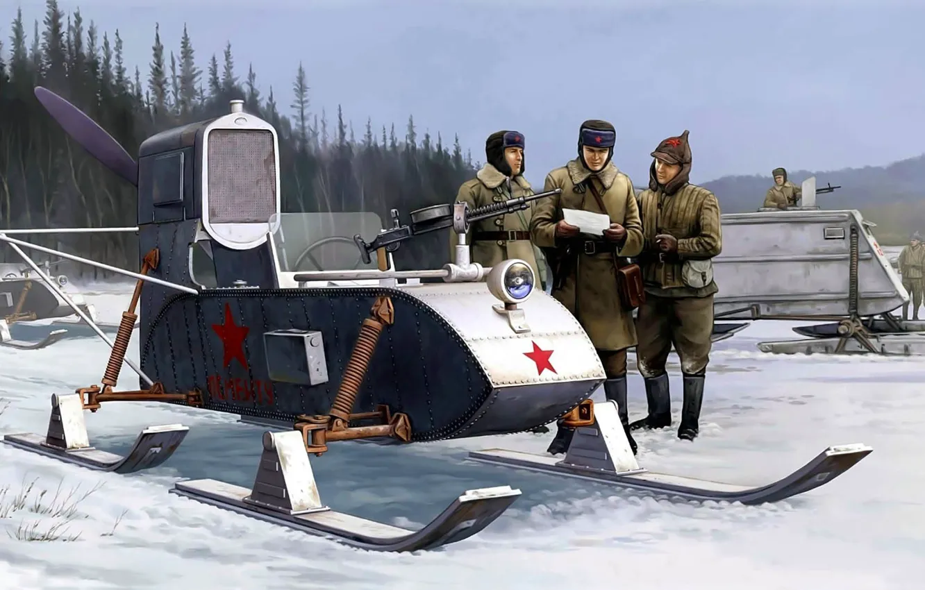 Фото обои рисунок, арт, СССР, самоходные сани, РФ-8-ГАЗ-98, Аэросани