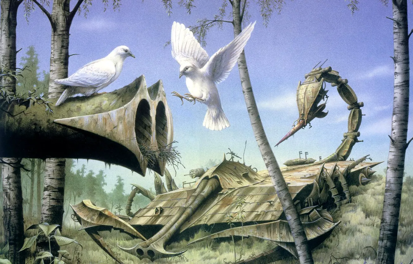 Фото обои лес, оружие, мир, тишина, голуби, RODNEY MATTHEWS, Peace at Last