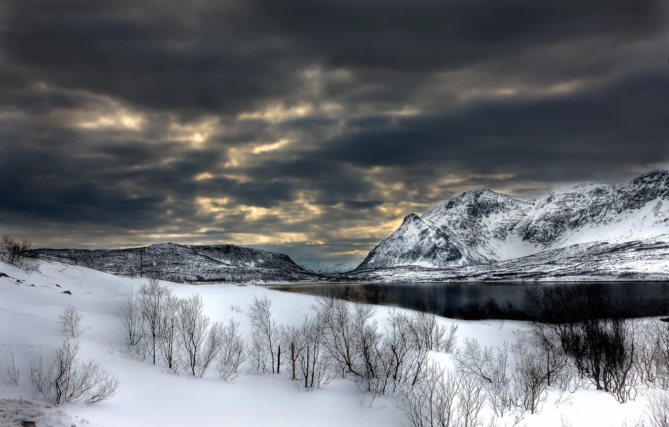 Фото обои зима, небо, снег, горы, тучи, река
