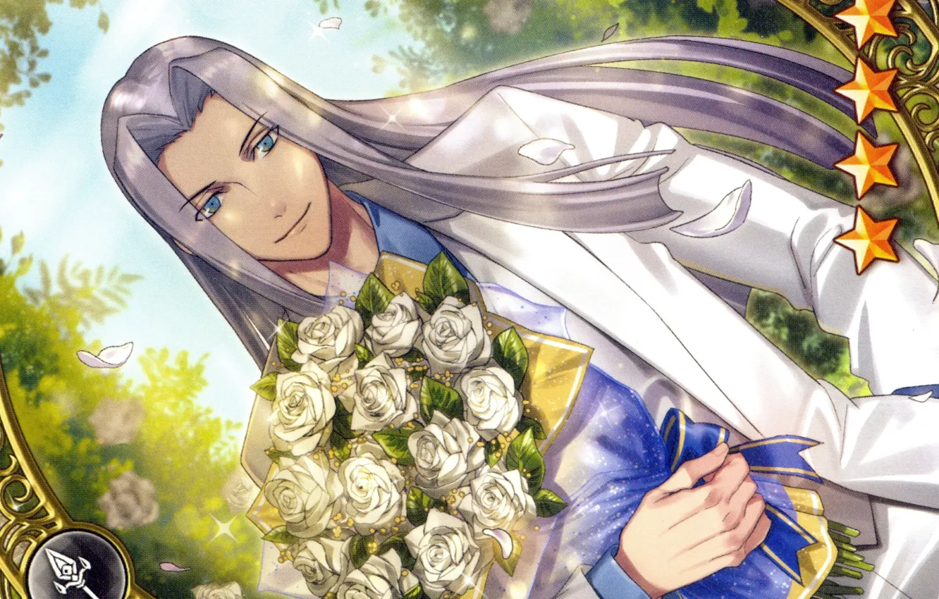 Фото обои парень, голубые глаза, длинные волосы, солнечный день, белый костюм, букет роз, by Chinatsu Kurahara, otome …