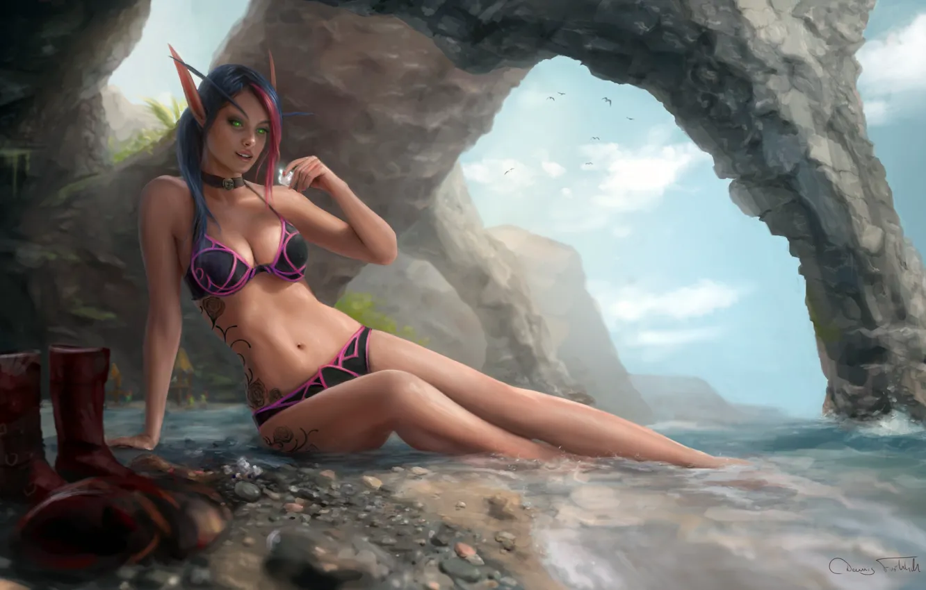 Фото обои грудь, девушка, ноги, берег, тело, World of Warcraft, уши, Warcraft