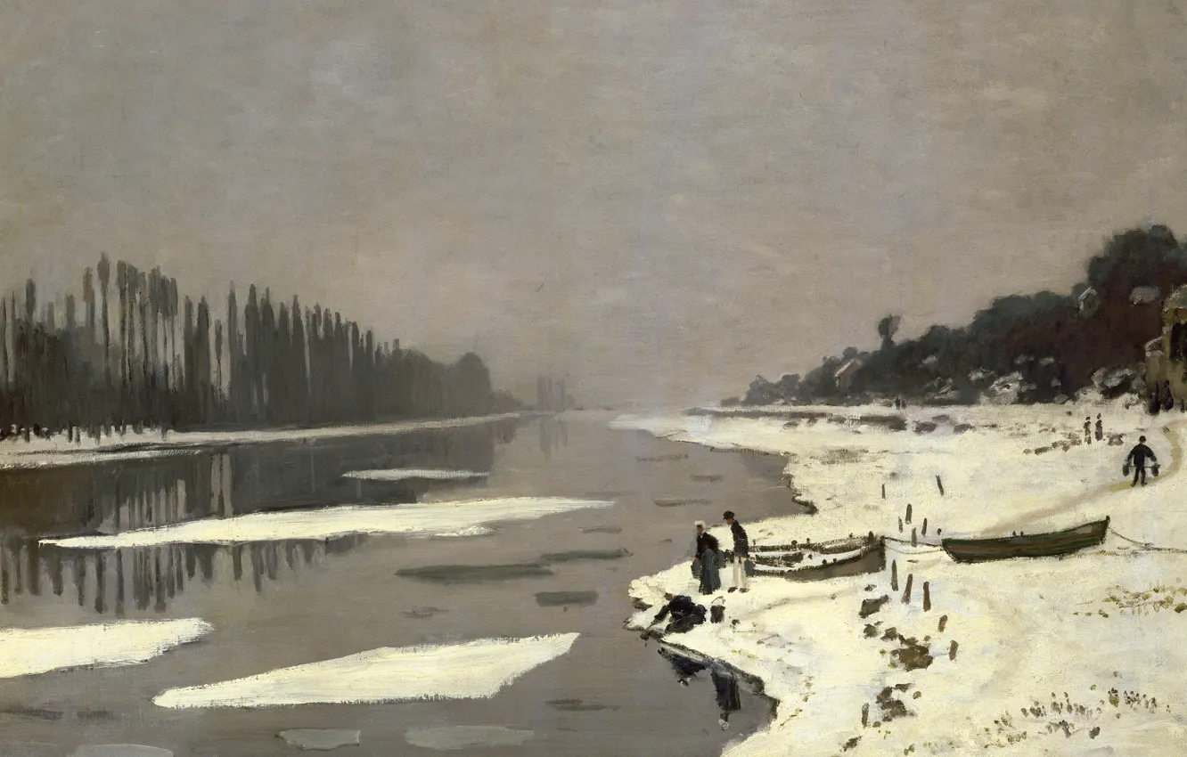 Фото обои пейзаж, картина, Клод Моне, Льдины на Сене в Буживале
