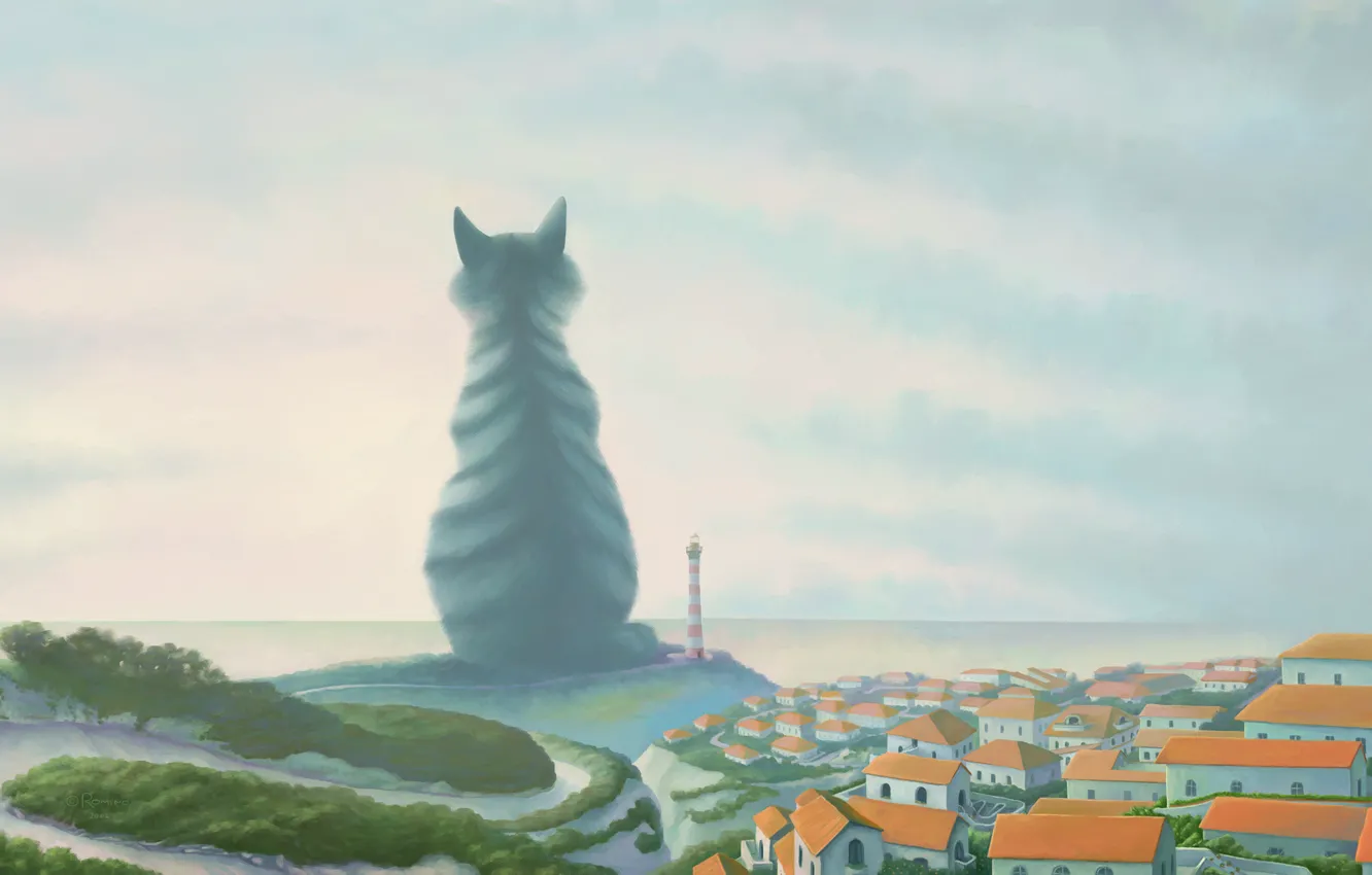 Фото обои город, маяк, великан, Кот