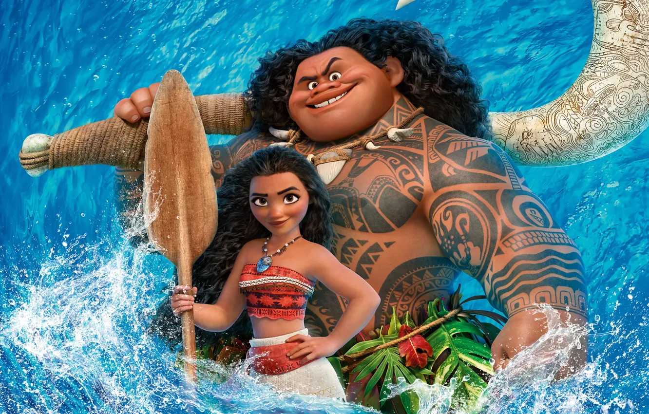 Фото обои вода, синева, мультфильм, девочка, постер, весло, Walt Disney Pictures, Мауи