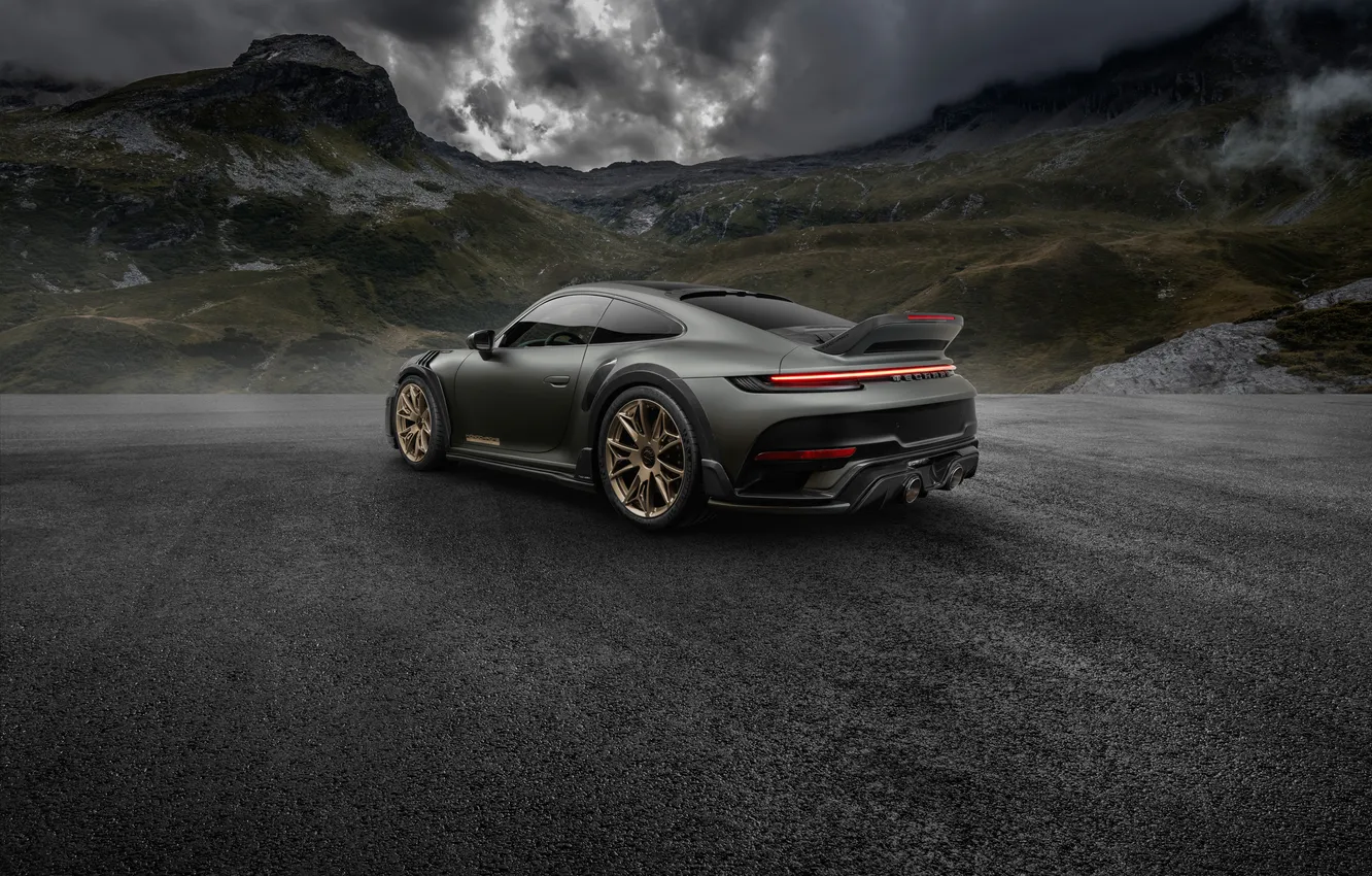 Фото обои Porsche, Clouds, Porsche 911, Mountain, Monochrome, Road, Rear, TechART
