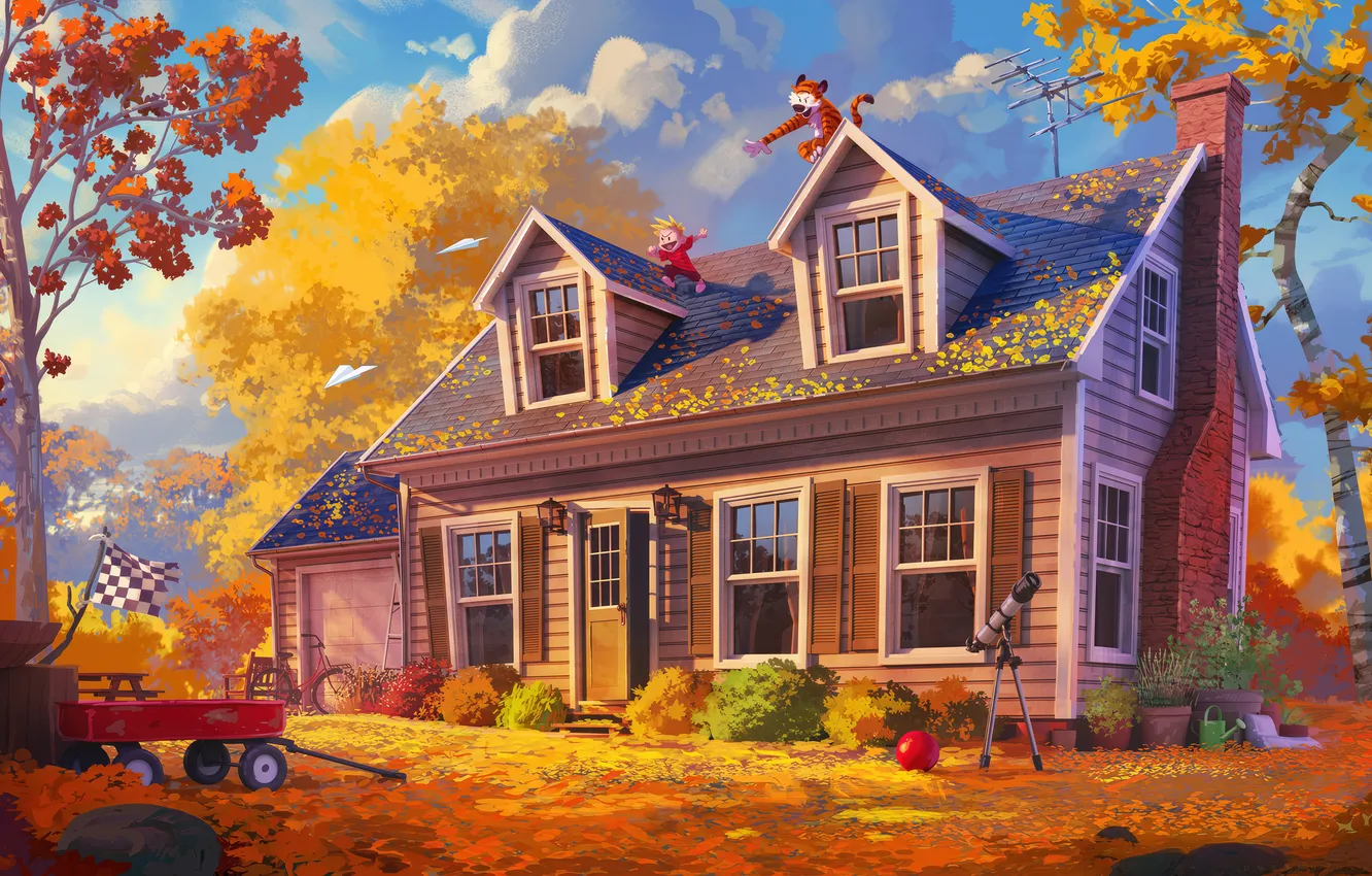 Фото обои animation, garden, digital art, concept art, environment, Calvin and Hobbes, sketchup, comic art