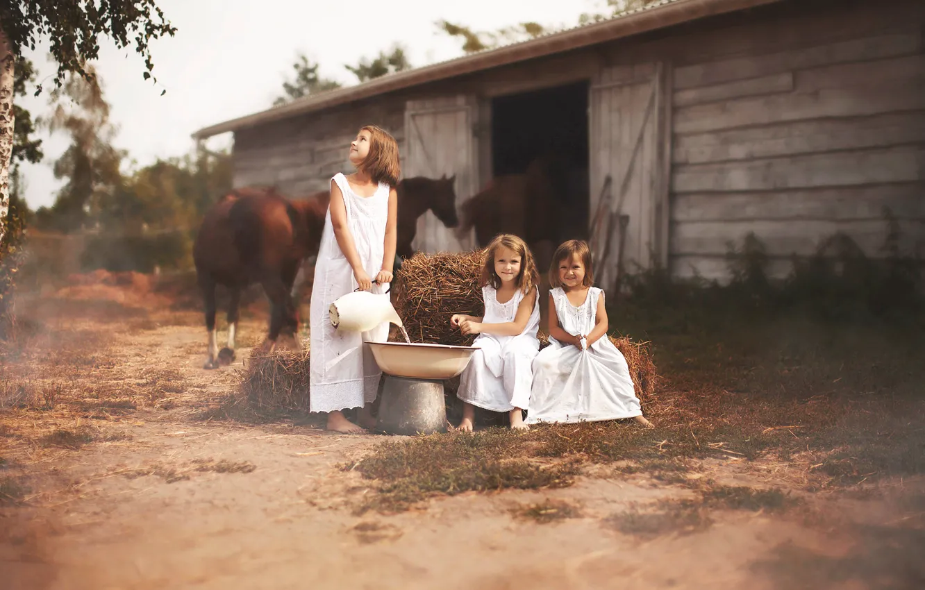 Фото обои лето, девочки, сено, конюшня, summertime