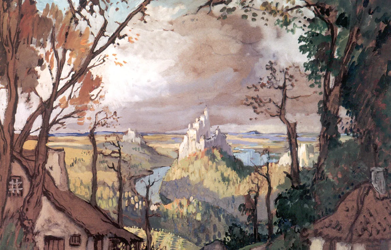 Фото обои облака, деревья, пейзаж, замок, дома, картина, александр бенуа, Эскиз декорации для балета Жизель