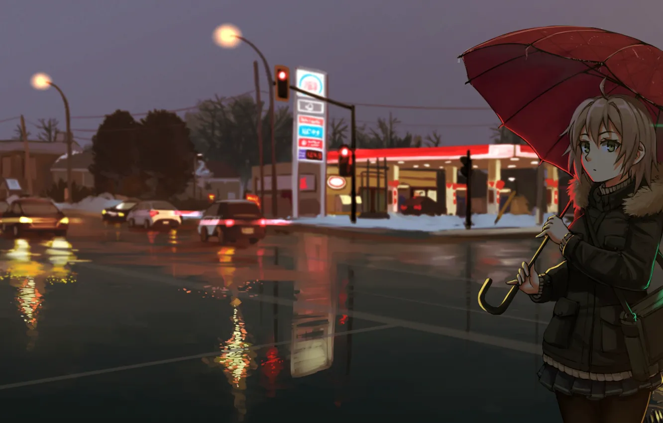 Фото обои девушка, ночь, город, зонт, аниме, арт