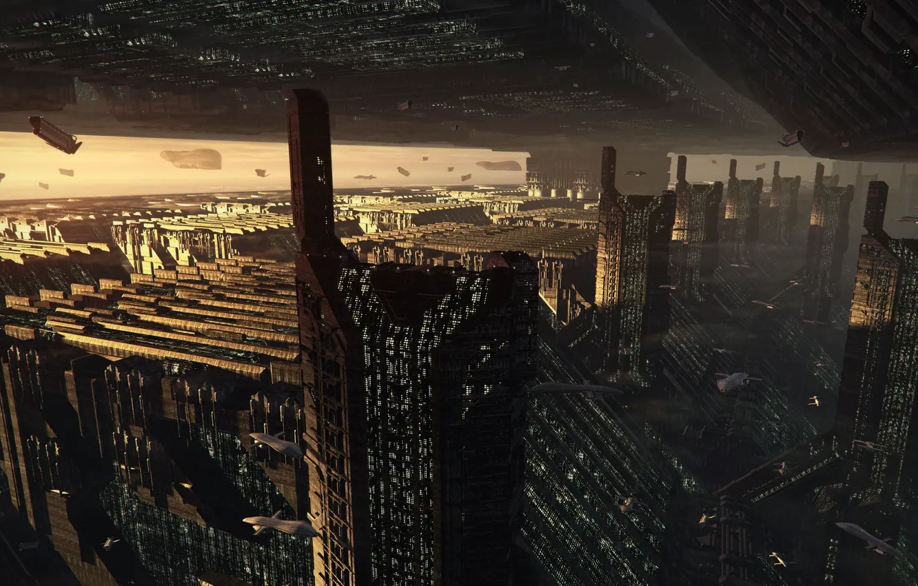 Фото обои город, будущее, транспорт, корабли, небоскребы, арт, мегаполис