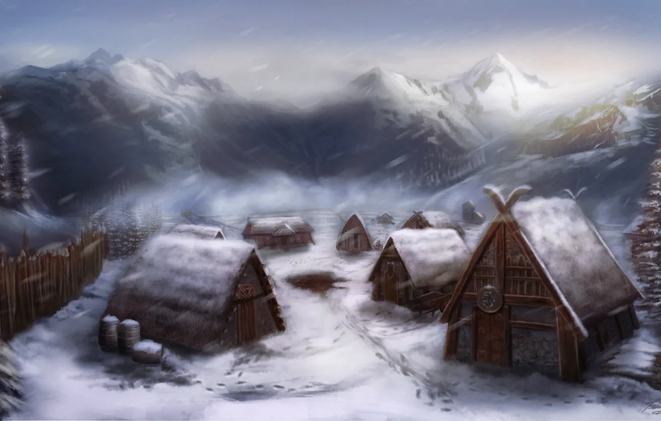 Фото обои снег, дома, деревня, арт, поселение, викинги, Michael Davini