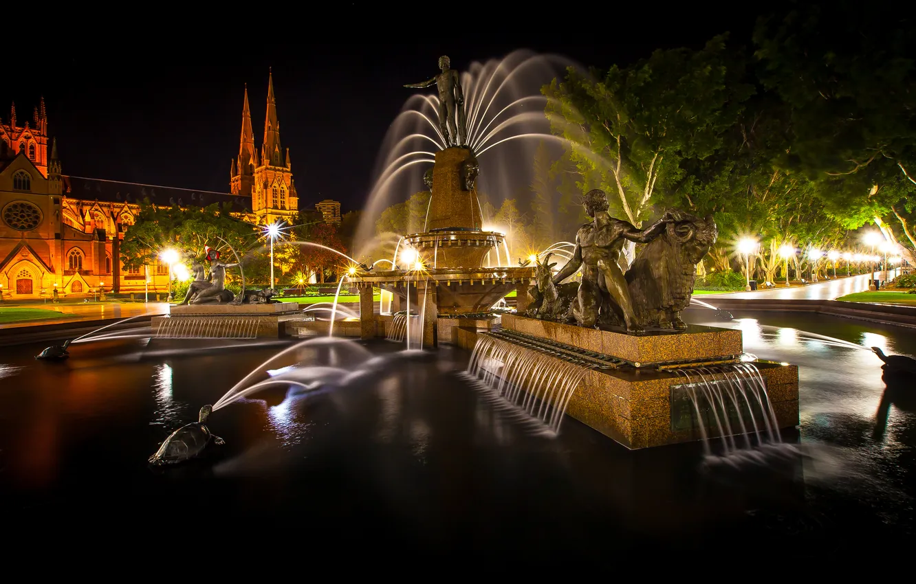 Фото обои деревья, ночь, дизайн, огни, парк, замок, красота, Австралия