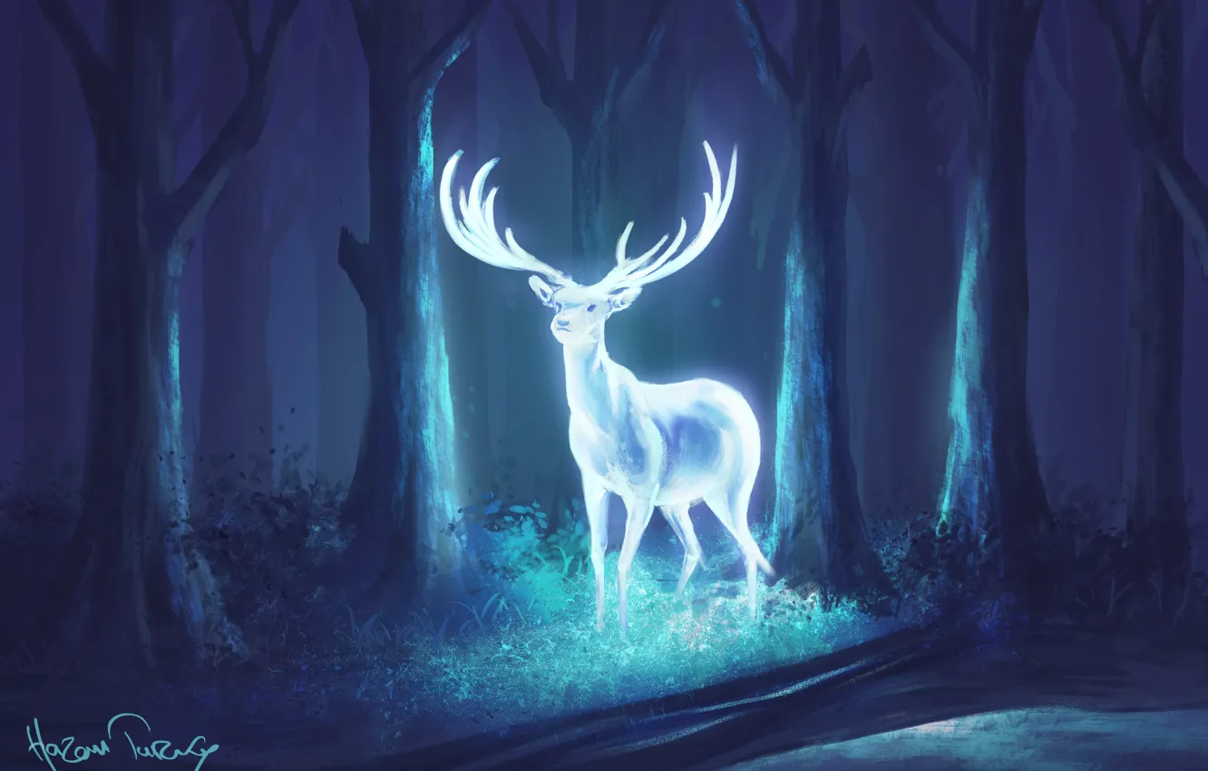 Фото обои лес, ночь, олень, фэнтези, арт, рога