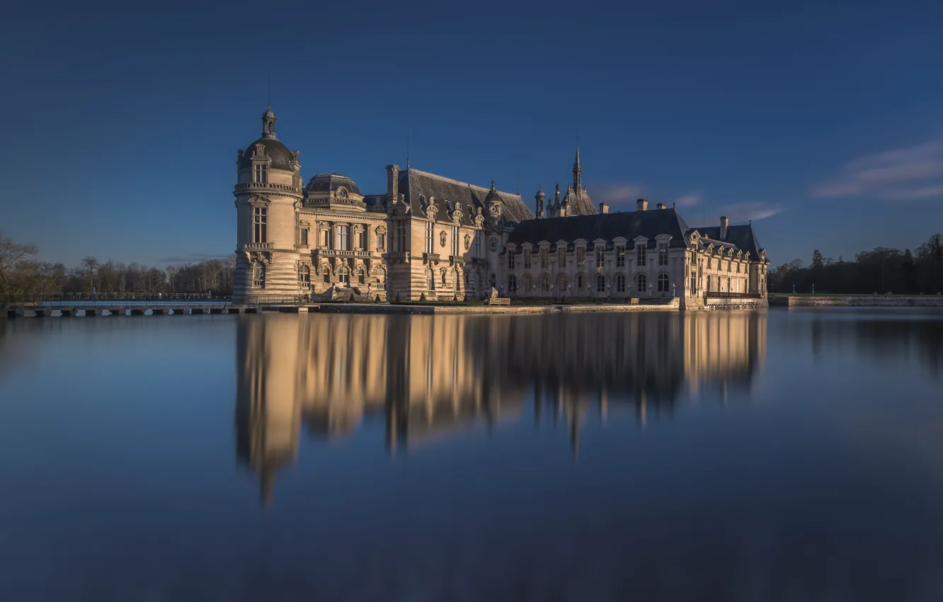 Фото обои озеро, отражение, замок, Франция, Chateau de Chantilly