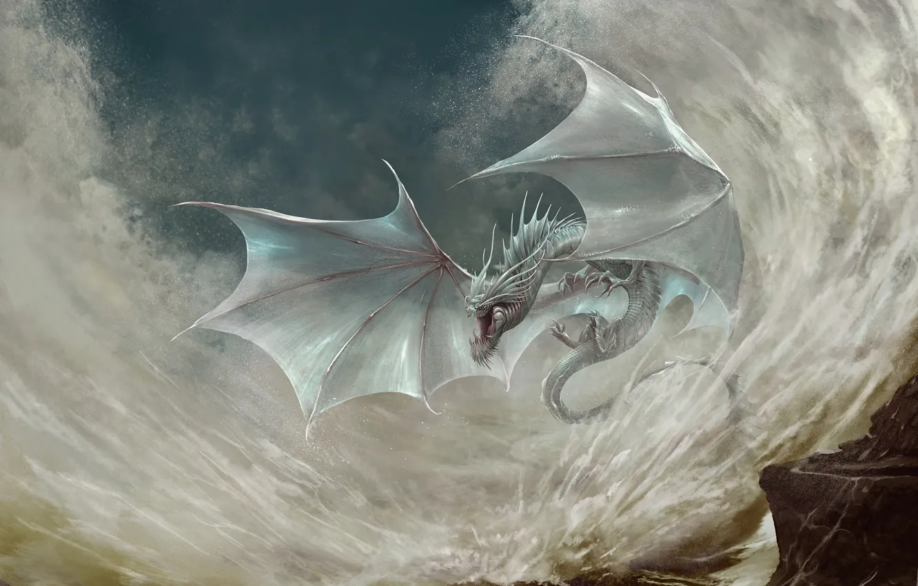 Фото обои Дракон, Белый, Крылья, Fantasy, Dragon, Арт, Art, Фантастика