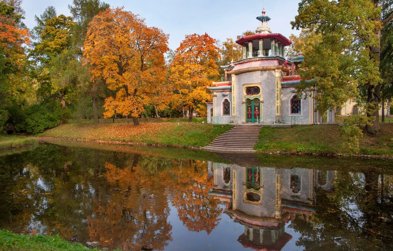 Фото обои осень, листья, вода, деревья, пруд, парк, отражение, здание
