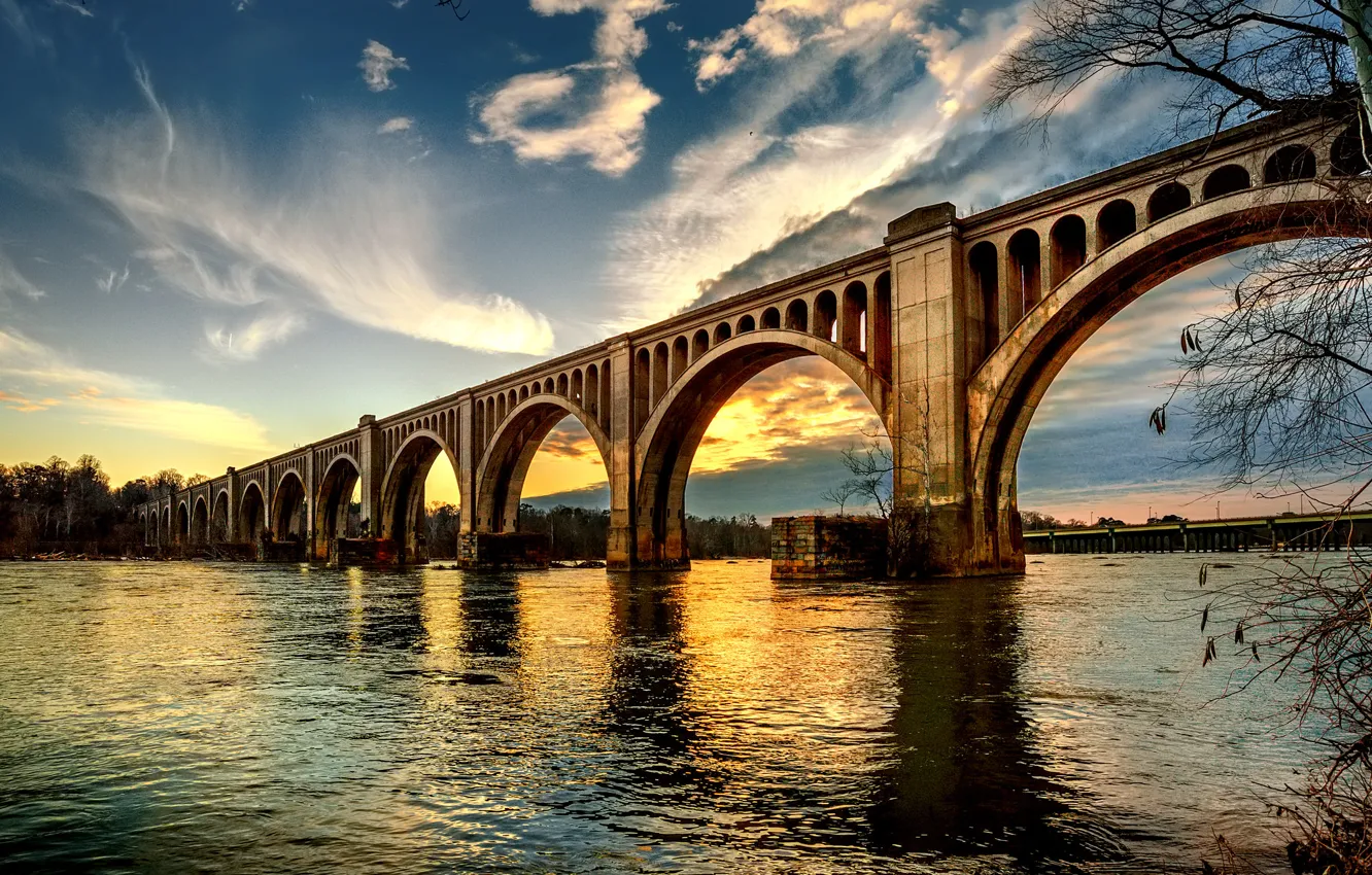 Фото обои небо, мост, город, река, Stubborn Love