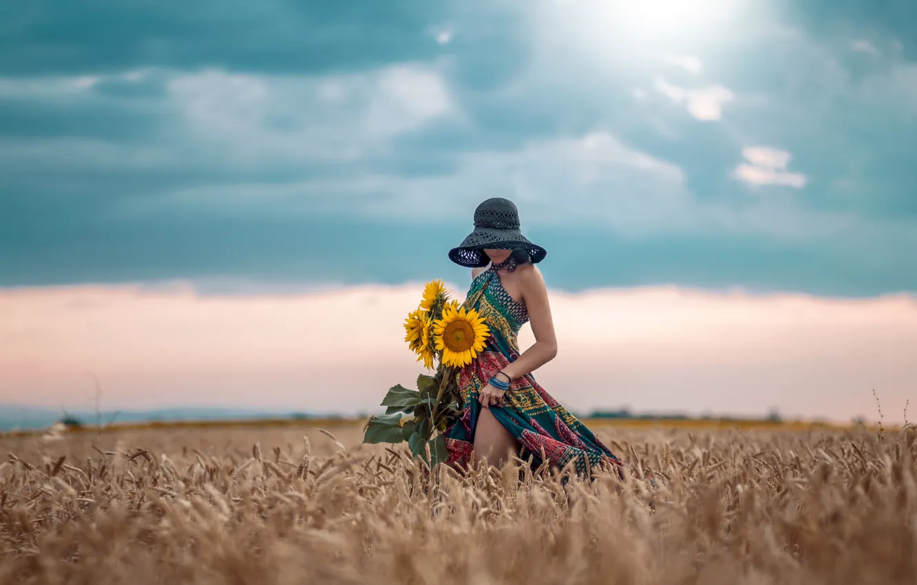 Фото обои поле, небо, девушка, подсолнухи, поза, настроение, шляпа, платье